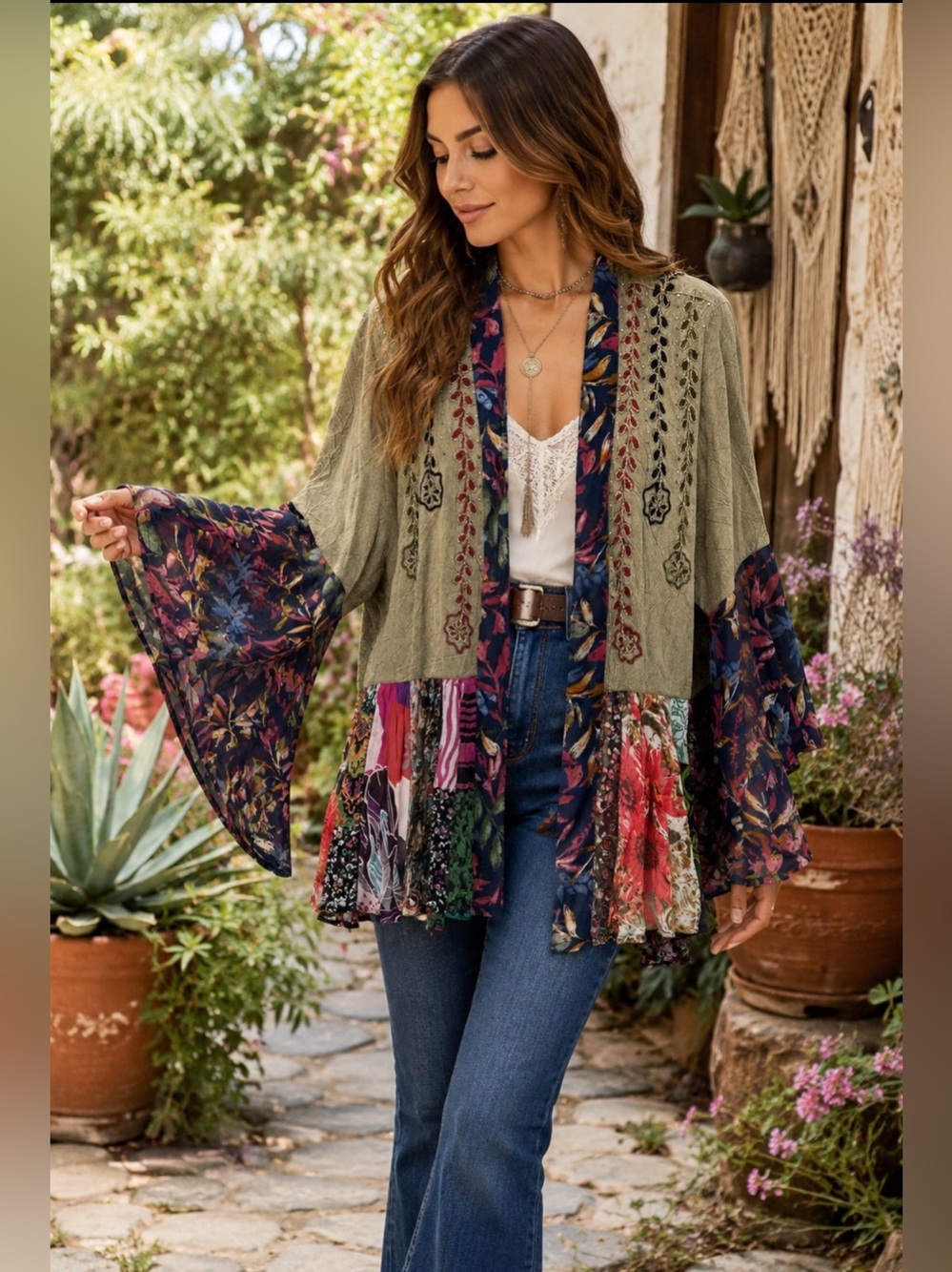 Young Threads Boho Embroidered Patchwork Kimono Jacket L Festival Hippie Chic
